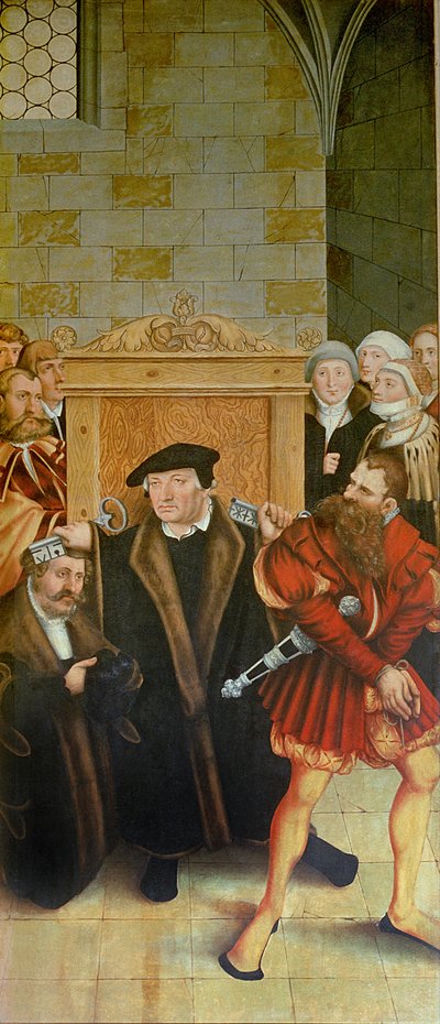 Triptychon, linkes Panel, Philipp Melanchthon führt eine Taufe durch, assistiert von Martin Luther; mittleres Panel, das letzte Abendmahl mit Luther unter den Aposteln; rechtes Panel, Luther beichtet; Luther von Lucas Cranach the Elder
